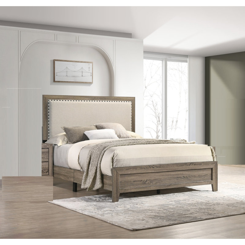 Beautifully Designed Queen Bed With Grey Fabric And Wood Veneers Modern Size Crystal Inlay Upholstery, Gray, Queen