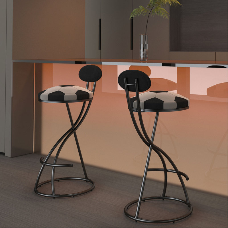Upholstered S-Shaped Barstools Set Of 2 Velvet Counter Bar Stools Football Print Round Dining Stool For Kitchen & Living Room (Black Frame & Black Back)