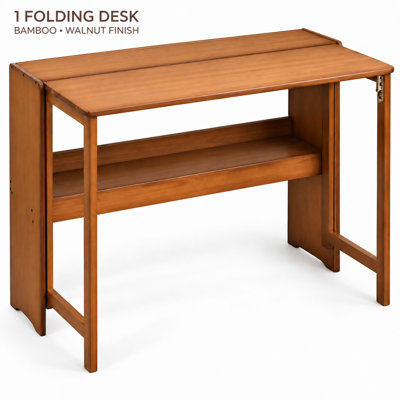 32.7-Inch Bamboo Folding Computer Desk with Storage Shelf, Walnut