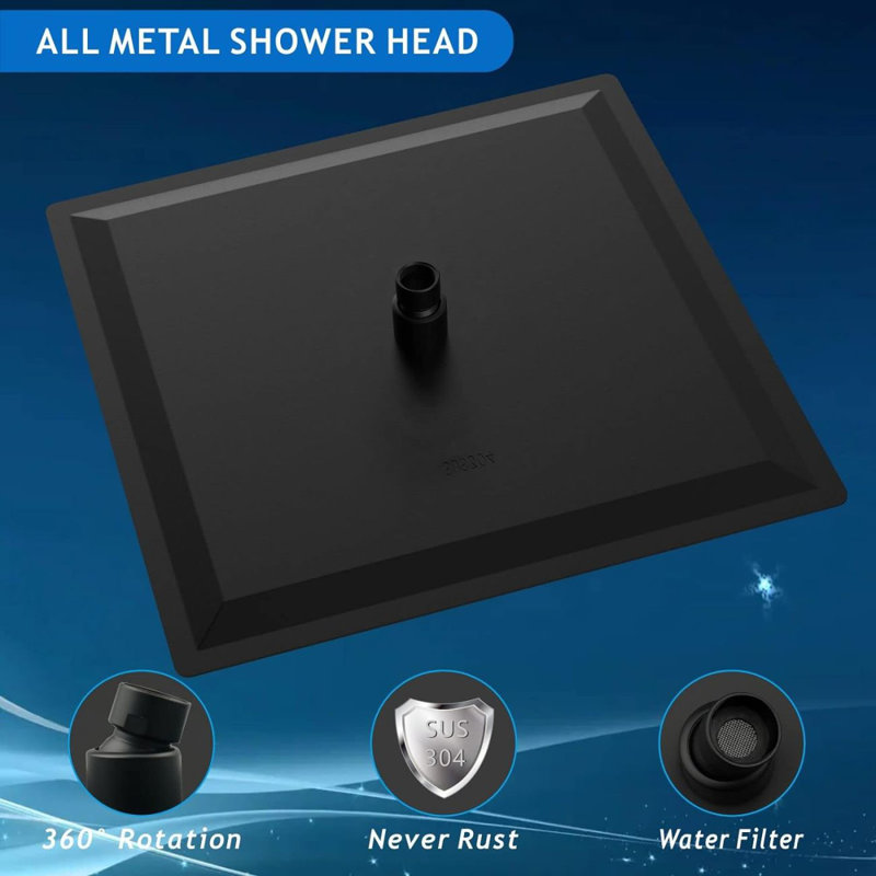 Pomme de douche surdimensionnée en acier inoxydable surdimensionnée de 16 pouces - Pomme de douche à haute pression noir mat, pomme de douche carrée à pluie - Couverture complète du corps en cascade - Fixation universelle au plafond ou au mur