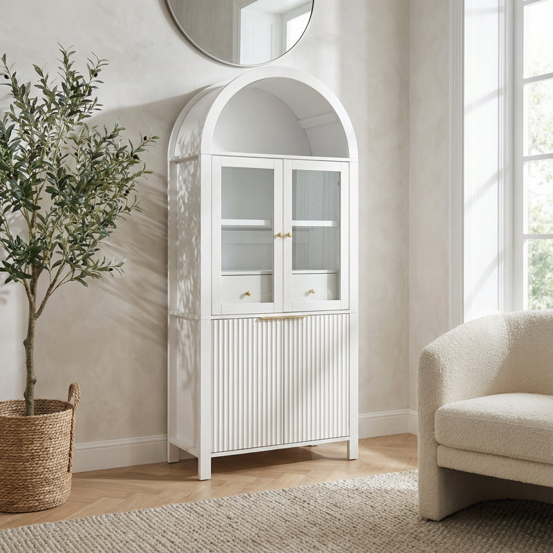 Fluted Tall Arched Pantry Cabinet With Adjustable Shelves, Elegant Display Storage With Hidden Drawer & Glass Door For Kitchen And Living Spaces