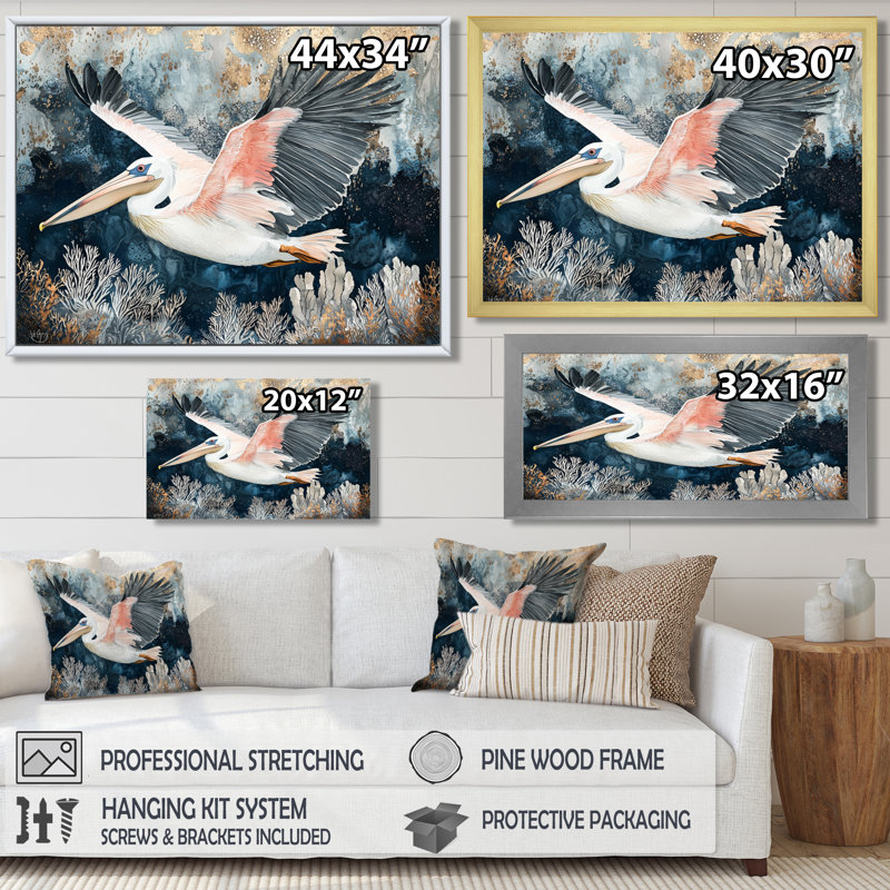 Audrinna pélican volant au-dessus de l'océan paysage - art mural pélican, Reproduction encadrée d'une seule photo, Noir