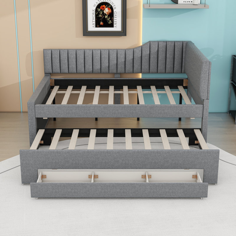 Upholstered Daybed with Three Drawers and Trundle, Gray, Full / Double