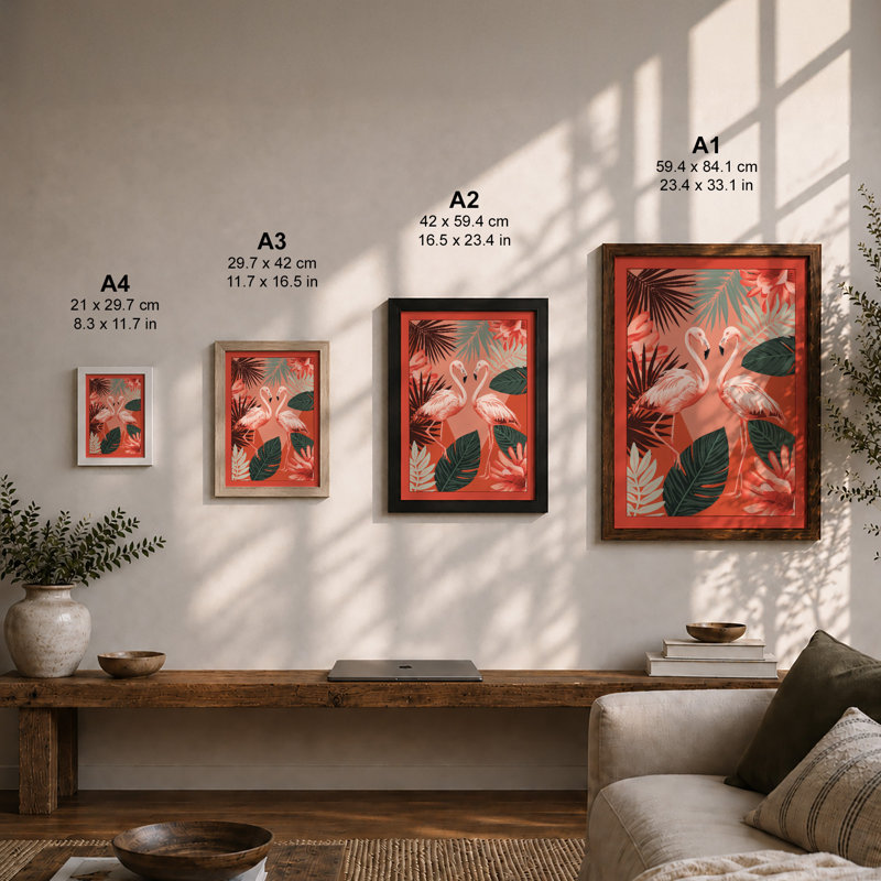 Flamingos in Bloom Tropical - Framed Print, A3 - 42.0 x 29.7 cm, Oak