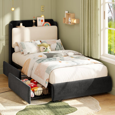 Twin Size Bed Frame with Recessed Shelf for Kids- Green | Safe twin bed with recessed shelf for books & nightlight, rounded soft corners, low-profile height for easy climbing, sturdy