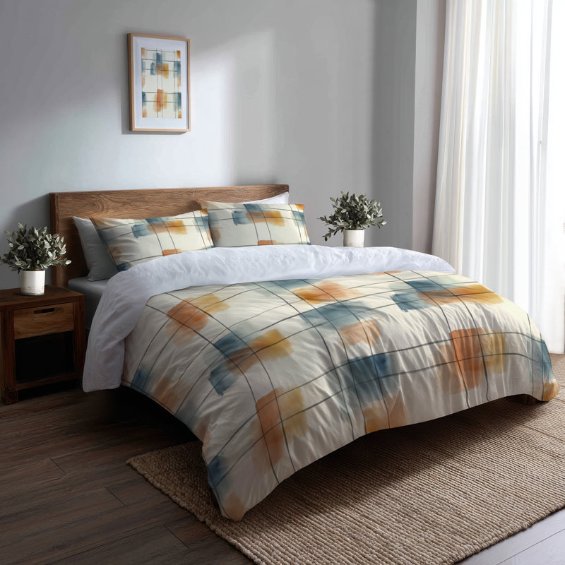 Ensemble de literie à motif écossais 3 pièces - Ensemble de housse de couette et de coussin à grille neutre orange