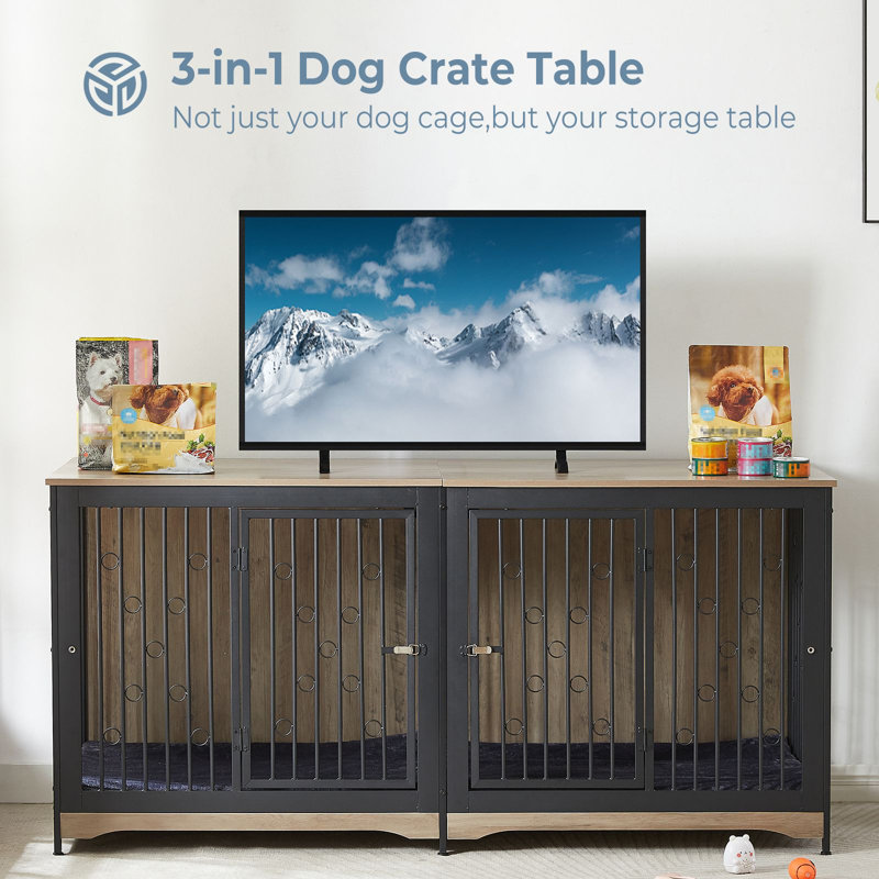 Meuble télé 70,86 po pour chien avec cage et grand lit, Gris