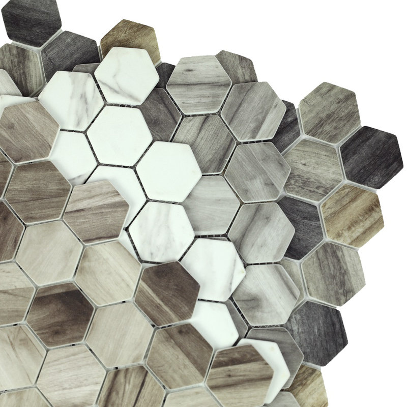 Recycled 1.88" x 1.88" Glass Honeycomb Mosaic Wall  Tile, Gray/Taupe/Black