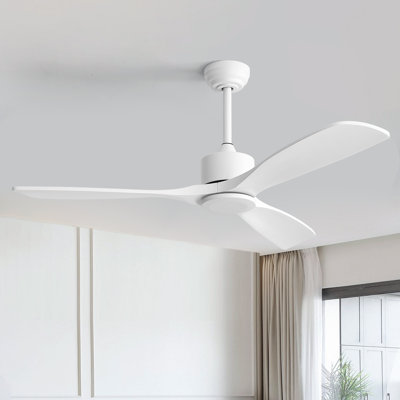Kemp 52" 3-Solid Wood Blade White Ceiling Fan with Remote, Reversible DC Indoor Propeller Fan for Modern Room, Light Kit Not Included, White