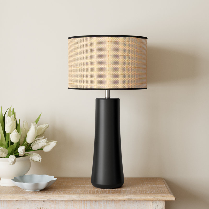 Piazza Ceramic Table Lamp, 30''H x 16''W x 16''D, Natural Rattan w. Beige Trim, White