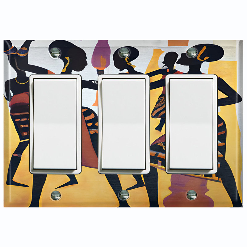 Native African Culture Women Beige Copper Rust Patina Teal Print 3 - Gang Toggle Light Switch Standard Wall Plate