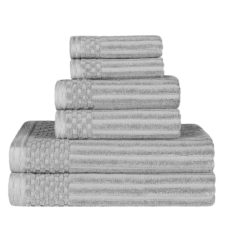Ruvins Cotton Highly Absorbent 6-Piece Solid and Checkered Border Towel Set, Silver