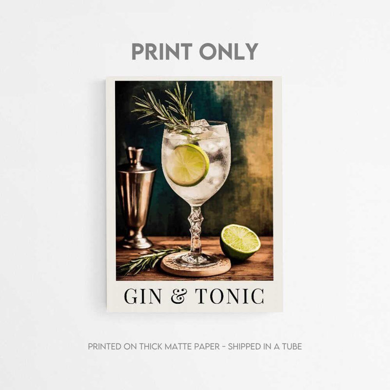 «Gin and Tonic», reproduction d'art - cuisine et bar à cocktail, Impression encadrée sans passe-partout, H 16 po x l 12 po