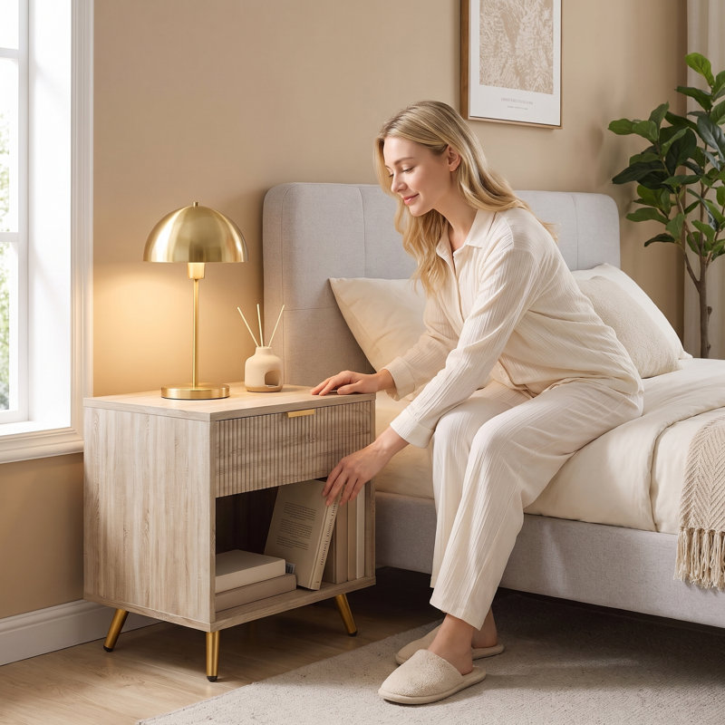 Bedside Table with 1 Drawer and Open Shelf, Natural Wood Finish, Ribbed Front, Gold Metal Legs, 50x40x47cm