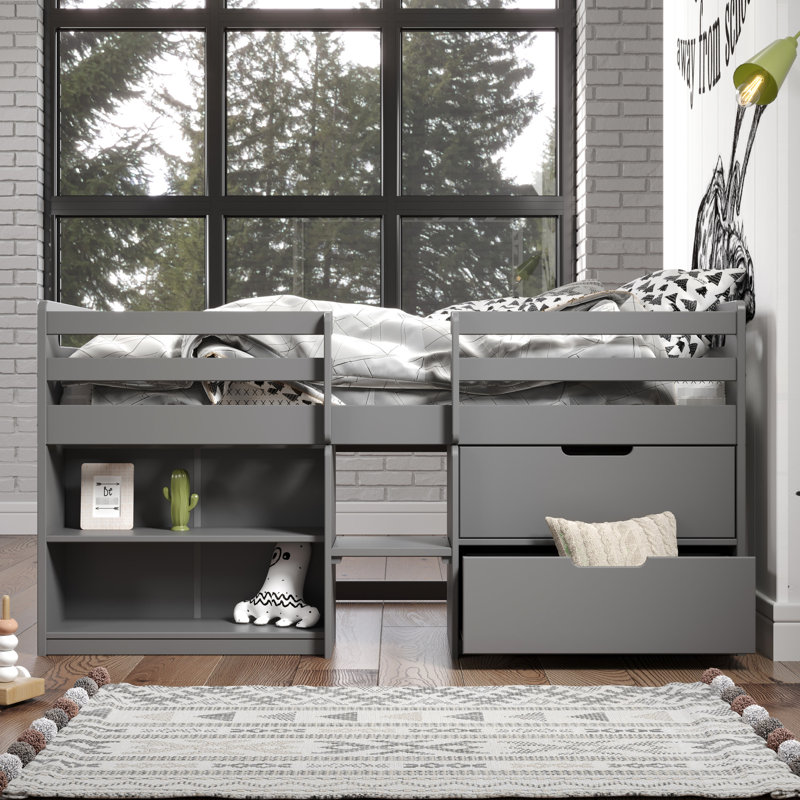 Lit mezzanine simple gris avec avantages de rangement - Rendez votre chambre plus attrayante dans un compartiment confortable à 2 tiroirs