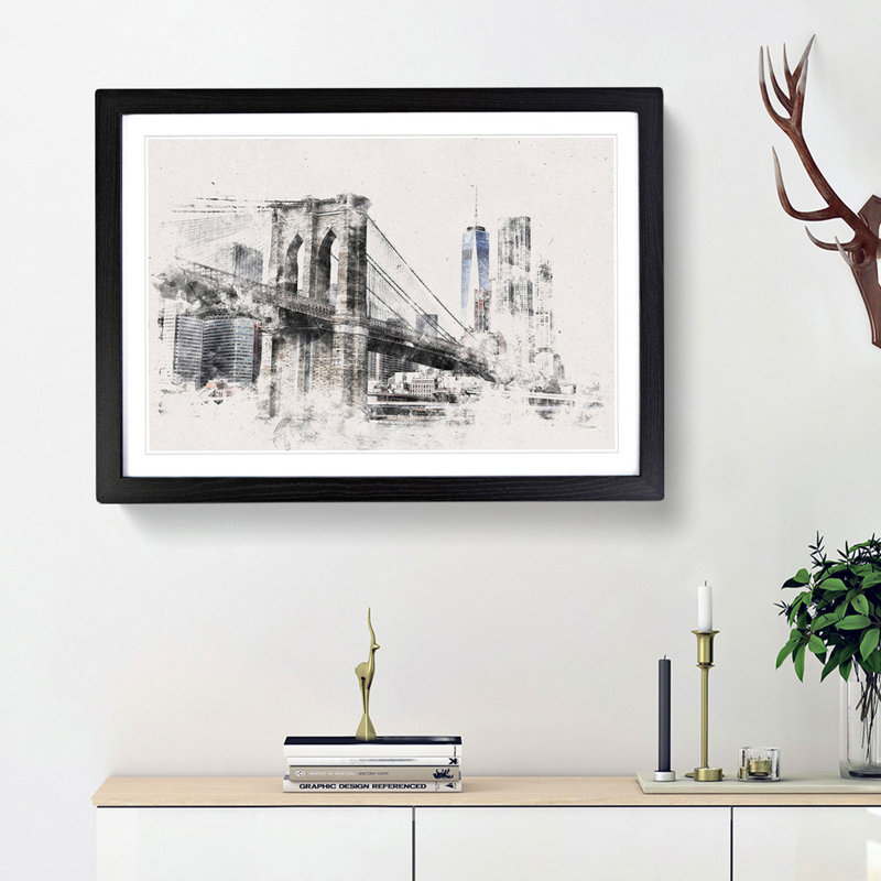 Brooklyn Bridge in New York - Picture Frame Graphic Art Print, Black Framed, 36cm H x 48cm W x 2cm D