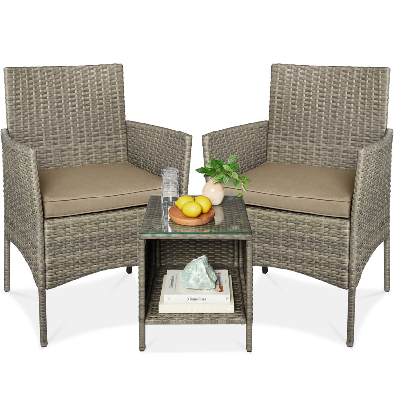  3-Piece Outdoor Wicker Conversation Patio Bistro Set, W/ 2 Chairs, Table - Taupe/Desert, Taupe, Desert