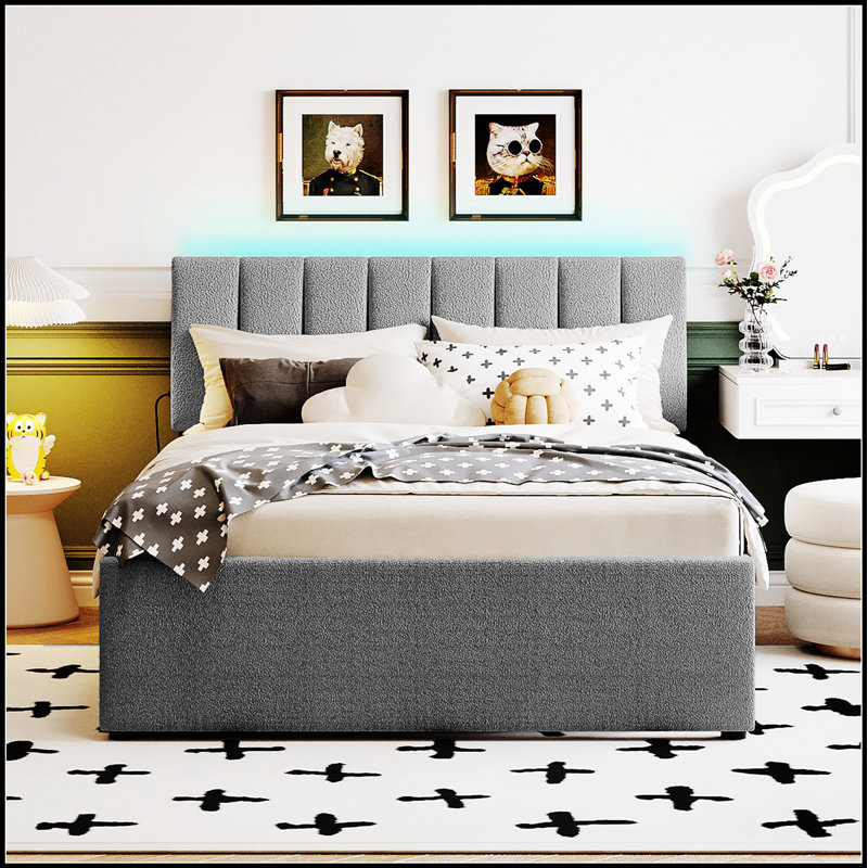 Lit plateforme tapissier Teddy, Gris, Lit double