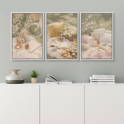 Romantic Garden Picnic Bicycle Daisy Floral Vintage Cottagecore Framed Canvas Master Bedroom Wall Art Work 3 Pieces Print