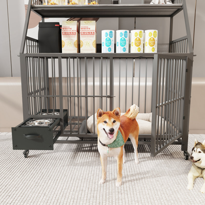 Grande cage pour animaux de compagnie avec support de rangement, tiroirs avec bacs à nourriture et à eau en acier inoxydable, support de rangement à double couche en cadre de fer et matériau en bois aggloméré, robuste, exquis et pratique (noir + gris fumée)