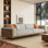 Canapé 3 places de style Mid-Century moderne avec accents noyer, revêtu de lin respirant, comprenant 3 coussins décoratifs gris et orange