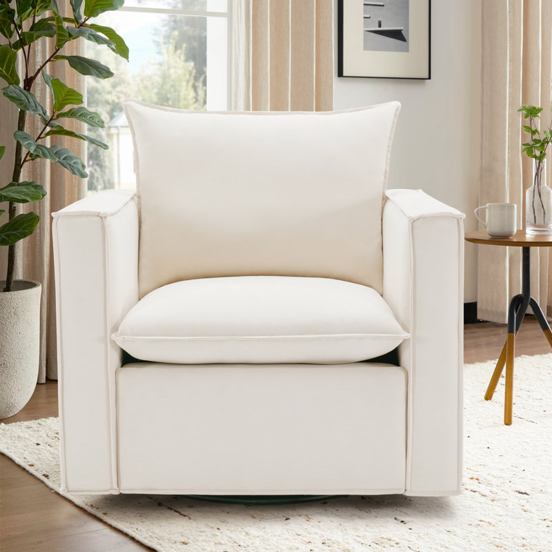 Velvet Swivel Chair - Plush Upholstered Armchair W/ 360° Rotation & Sturdy Base, 136kg, White 