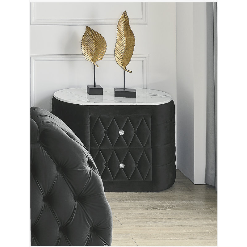Tête de lit 1 pièce à tête de lit ovale en marbre avec 2 tiroirs, capitonnée à boutons peints en noir, capitonnée en cristal
