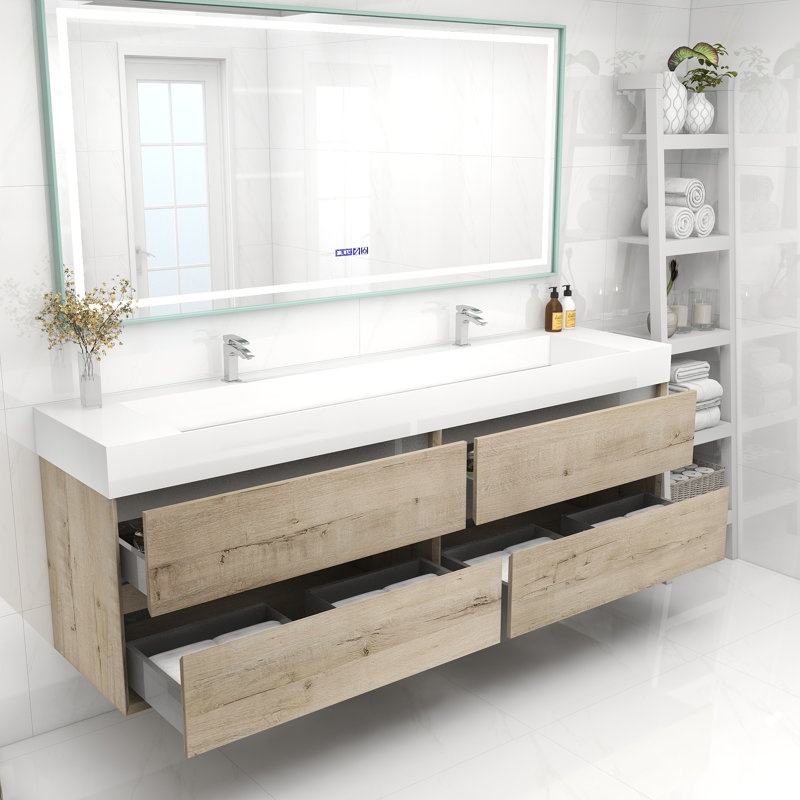 84" Wall Mounted Double Bathroom Vanity, White Oak
