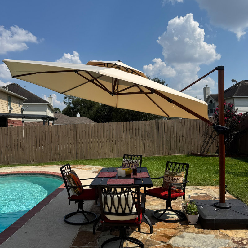 Epperly 12 FT Round Wood Pattern Cantilever Umbrella With Base, Beige, Beige, 108" H x 144" W x 144" D