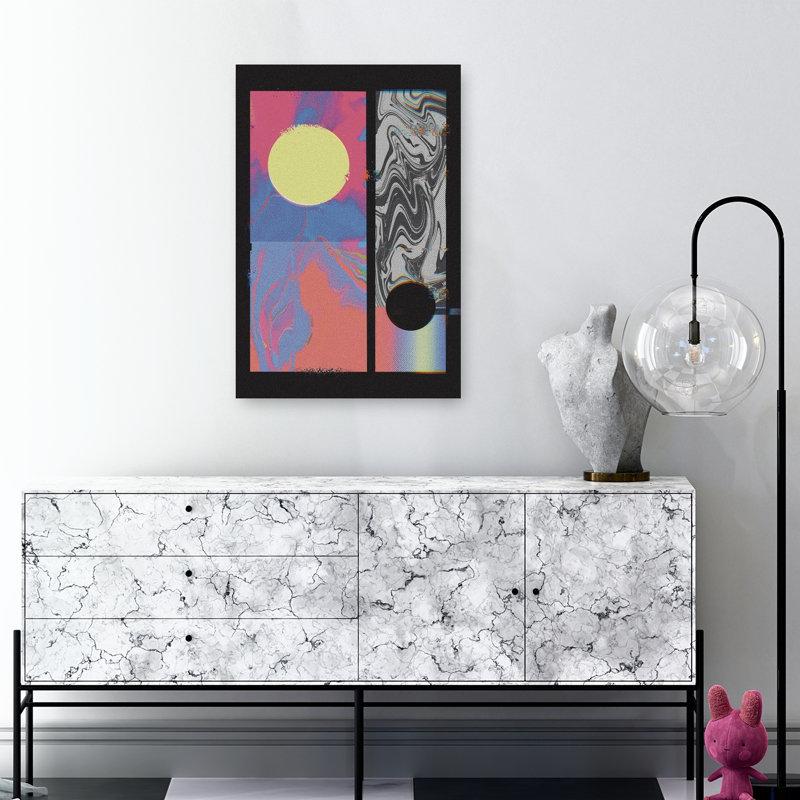Cercles cosmiques glitch abstraits et colorés, paysage contemporain, impression d'art mural nature, H 36 po x l 24 po