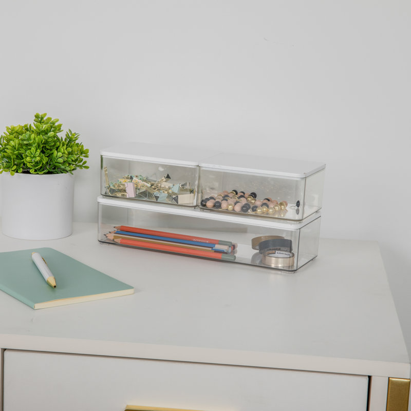 Clear Plastic Stackable Storage Boxes with White Lids, Set of 3