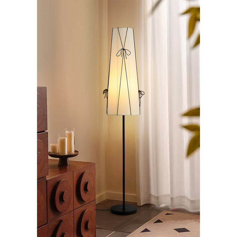 Mid-century style floor lamp with hardware structure, fabric and PVC elements