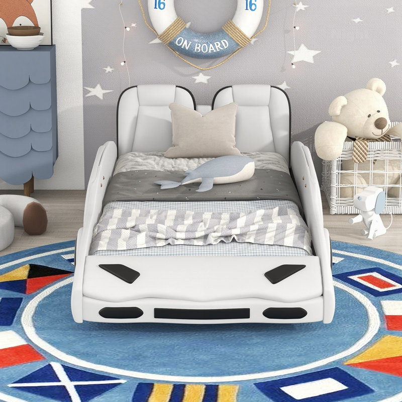 Twin Size Race Car-Shaped Platform Bed With Wheels, White