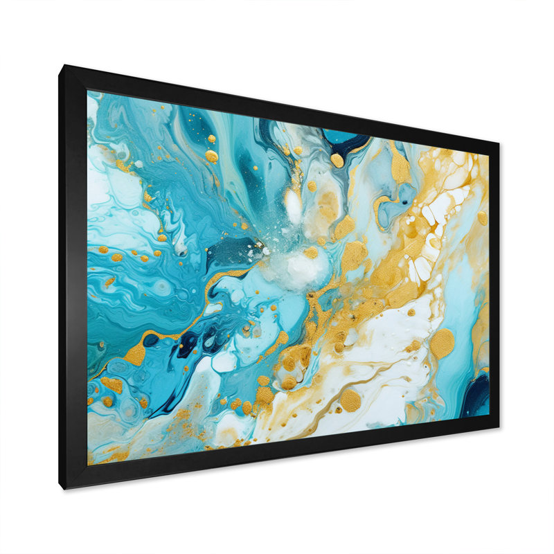 Turquoise luxueux, art fluide abstrait sur toile, H 24 po x l 32 po x P 1 po, Cadre photo noir