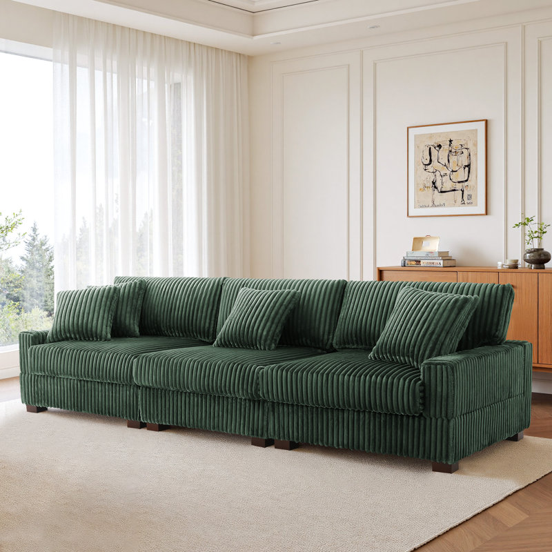 3 - Piece Upholstered Faux Rabbit Fur Flannel Modular Sectional Sofa with Armrests & Throw Pillows, Green