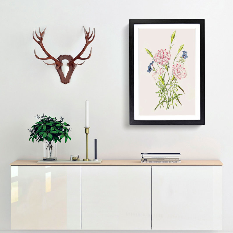 Pink Flower Illustration - Picture Frame Painting Print, 36cm H x 27cm W x 2cm D, Black Framed