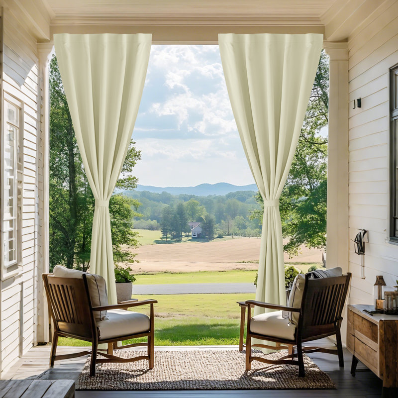  2 Panels Rod-Free Outdoor Curtains for Patio Waterproof, Sticky Top & Back Tab Bottom with Free Rope for Wind Resistance, Weatherproof Drapes for Gazebo/Porch