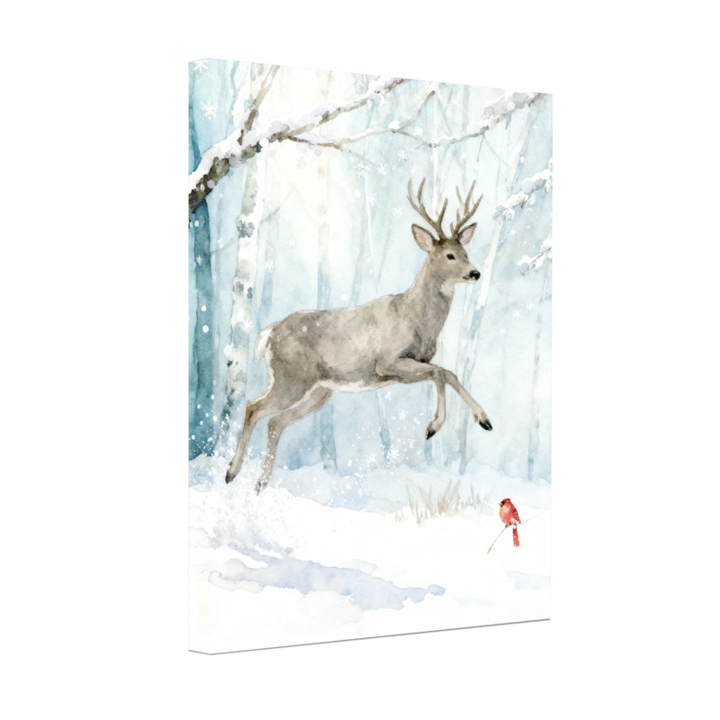 Ensemble de 3 reproductions d'art sur toile, cerf de Noël dans la forêt enneigée avec oiseau, H 24 po x l 16 po