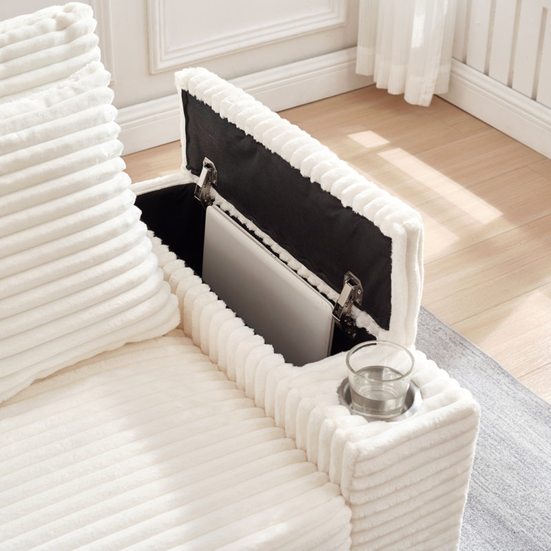 Canapé avec accoudoirs de rangement Fluffy, White Fabric, White