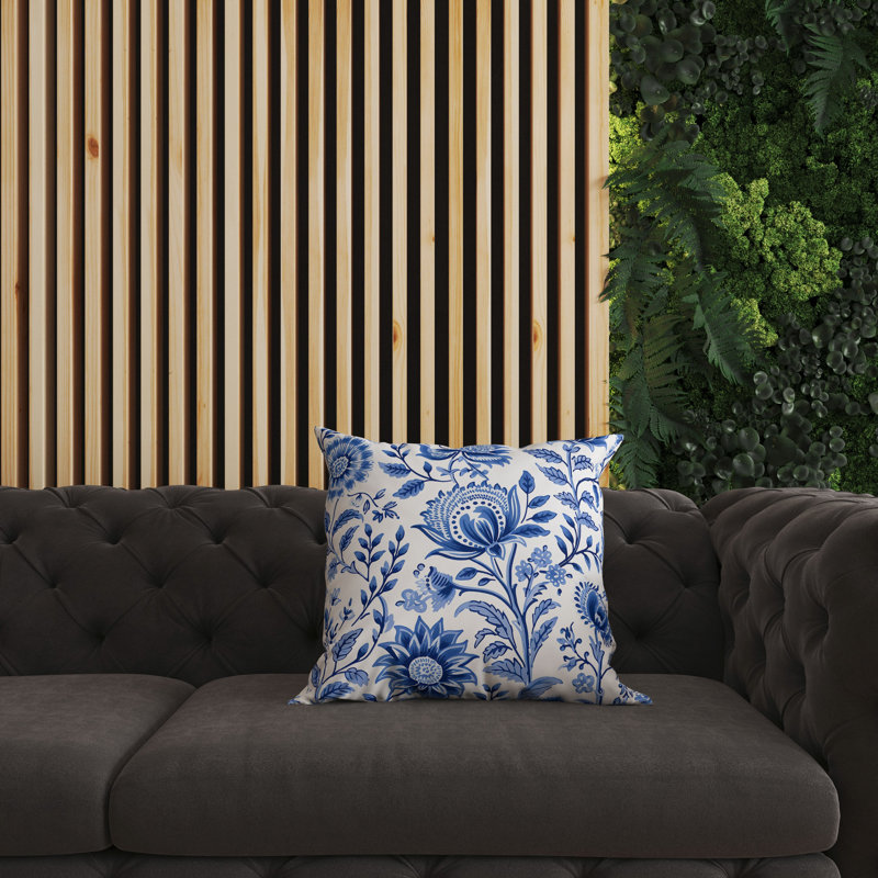 Blue and White Floral Faux Suede Square Throw Pillow