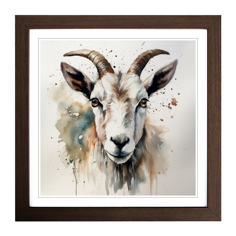 Goat Watercolour - Single Picture Frame Print on Wood, Walnut