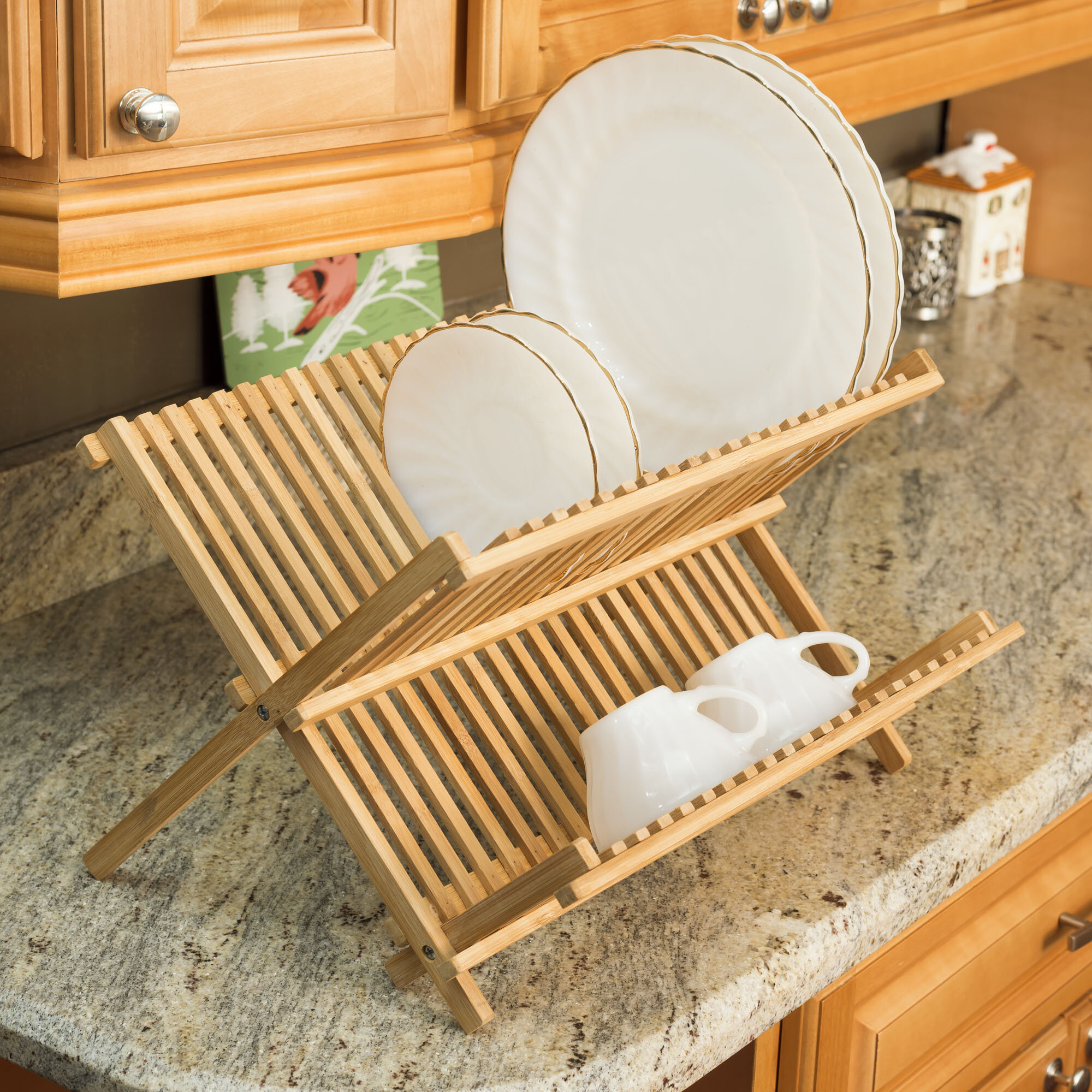Bamboo Dish Rack Foldable Drying Collapsible Dish Drainer Wooden Plate Rack  