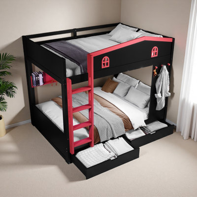 Queen Over Queen Bunk Bed With Shelves, Solid Wood Bunk Beds With Hooks, No Box Spring Needed