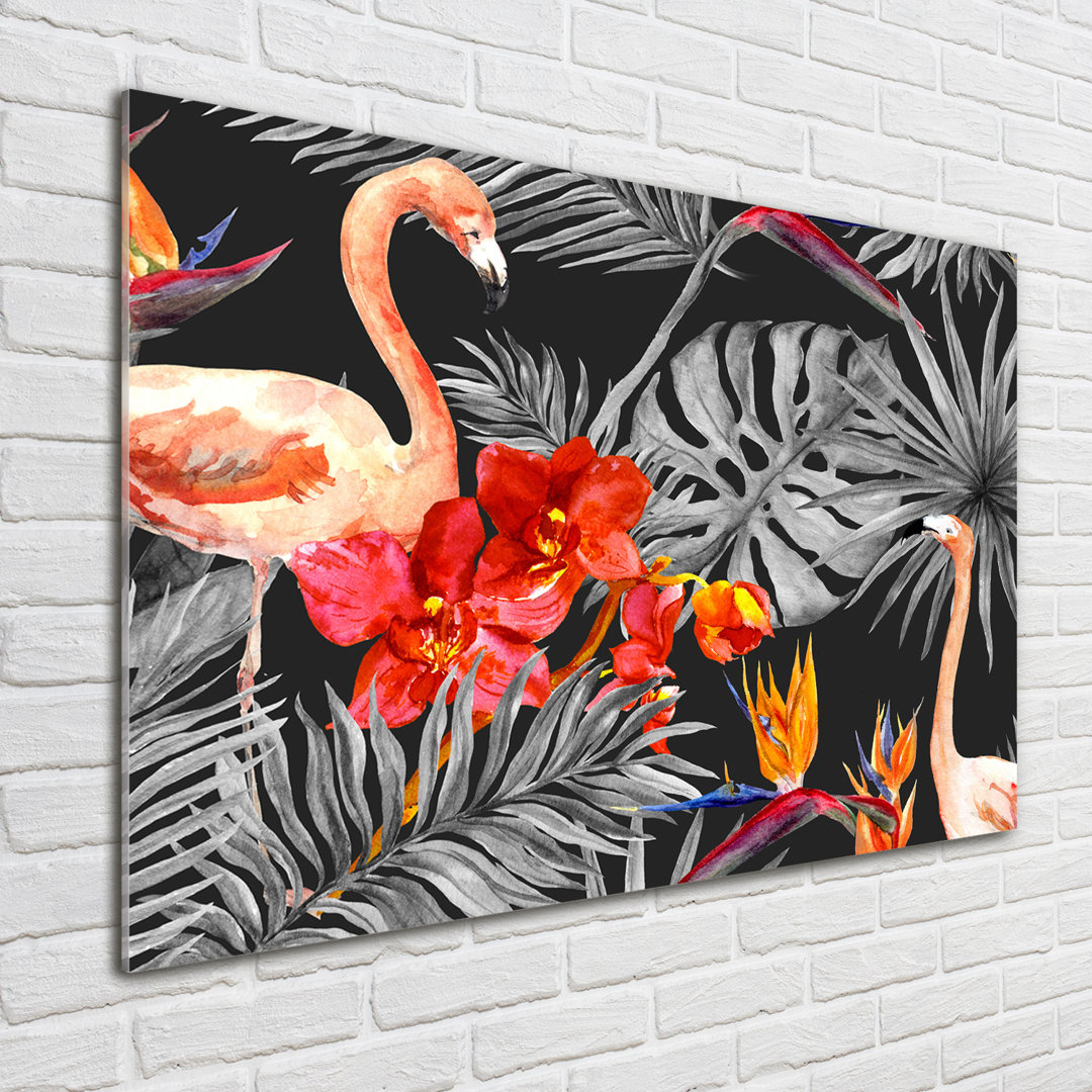 Glasbild Flamingos und Blumen