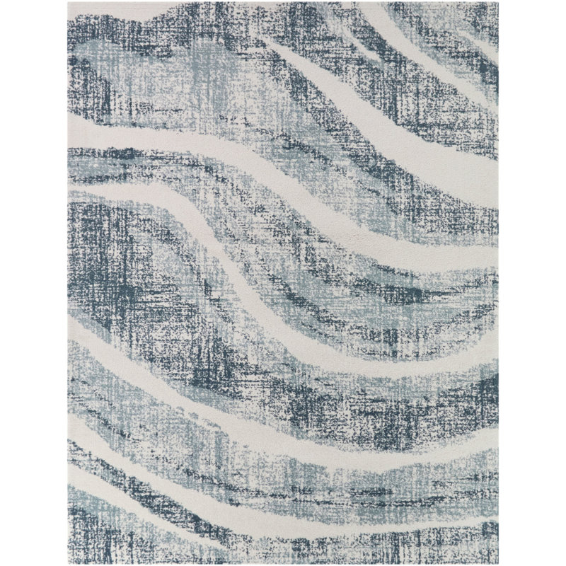 Barthe Blue/Cream Contemporary Abstract Area Rug, Rectangle 5'3" x 7'