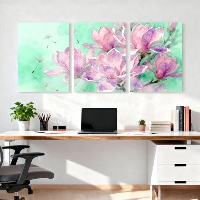 «Magnolia rose», art mural tendu sur toile, ensemble de 3 panneaux, style boho moderne pour le salon ou la chambre à coucher