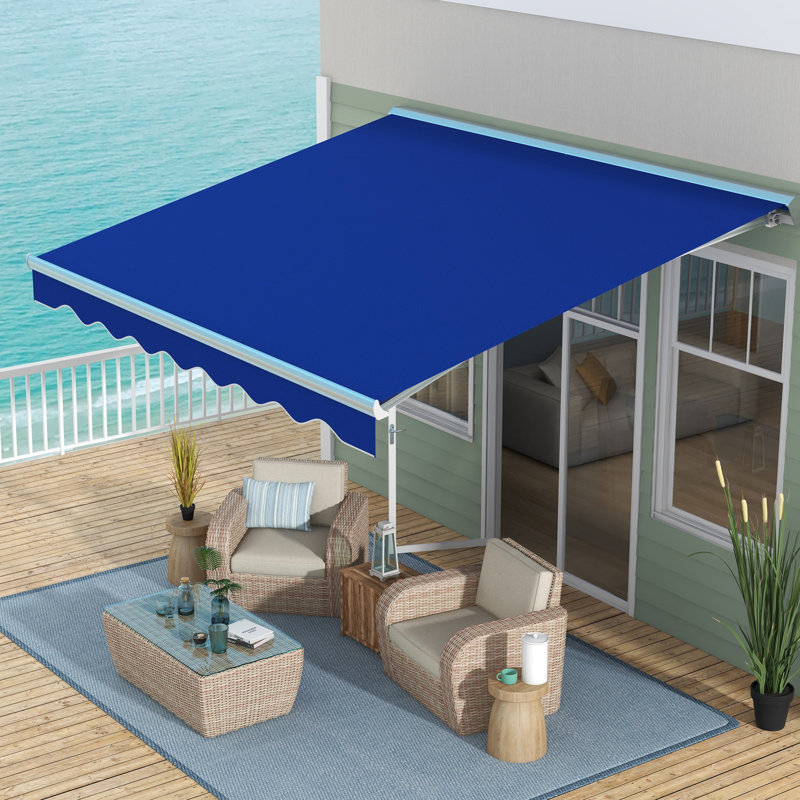 Electric Retractable Awning 13' X 10' With Led Lights - Uv40+ Sun Shade For Patio, Deck, Balcony, Yard, Blue, Remote & Hand Crank Patio Awning, Guard Blue