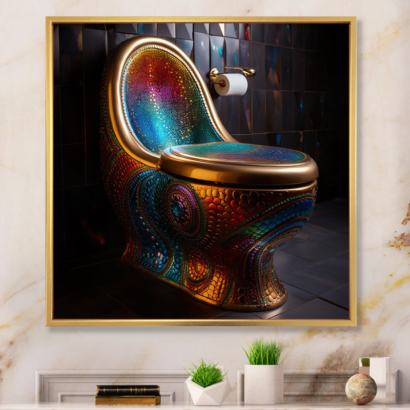 Metropolitan Luxe Toilet Pointillism - Bath & Laundry Canvas Wall Art, Cadre flottant doré, H 36 po x l 36 po x P 1,5 po