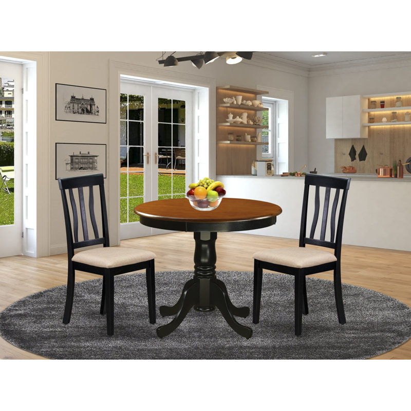 3 Piece Kitchen Table Set for Small Spaces Contains a Round Dining Room Table with Pedestal and 2 Linen Fabric Upholstered Chairs, Black & Cherry