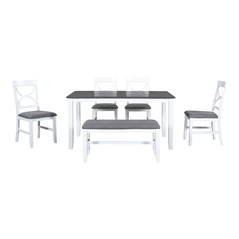 Ensemble de table de salle à manger en bois 6 pièces avec banc rembourré et 4 chaises de salle à manger de style campagnard, gris et blanc TopMAX (ancien numéro de référence: SP000003AAK)